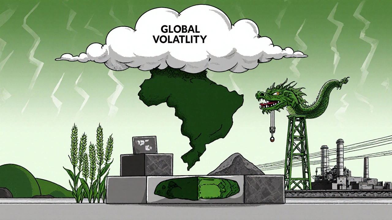 Brasile strutturato con soia, ferro e petrolio, con un drago cinese che costruisce infrastrutture.