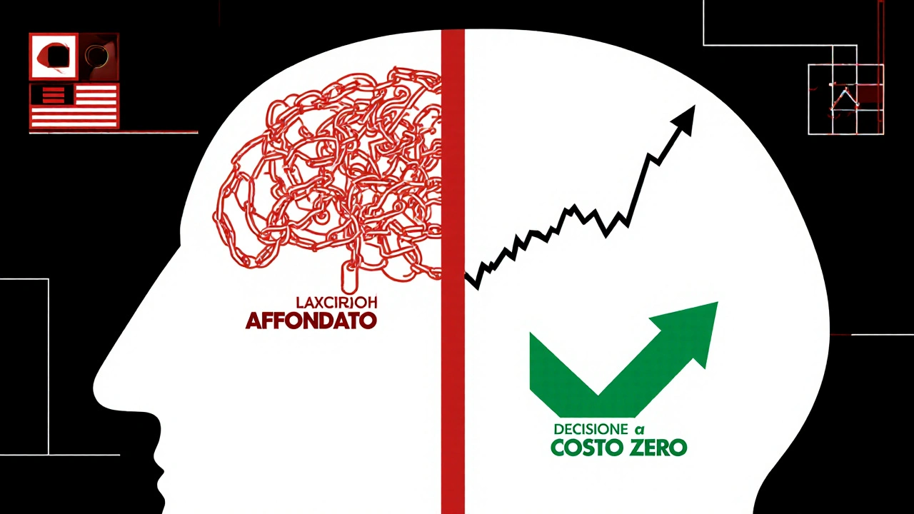 Cervello diviso tra catene di perdite e una scelta razionale, stile Bauhaus con linee nette e contrasto rosso-bianco.