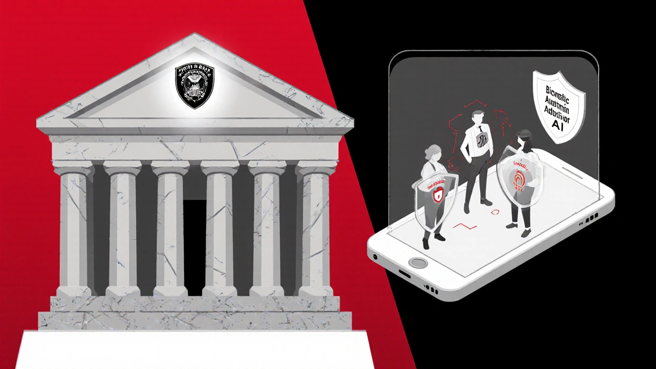 Confronto visivo tra sicurezza bancaria tradizionale e protezione digitale in stile Bauhaus con scudi e icone minimali.