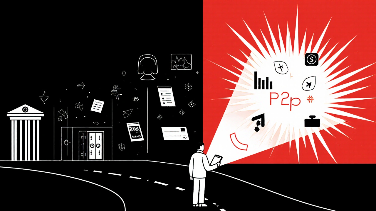 Figura umana al bivio tra banca e app fintech, illuminata da raggi geometrici in stile Bauhaus.