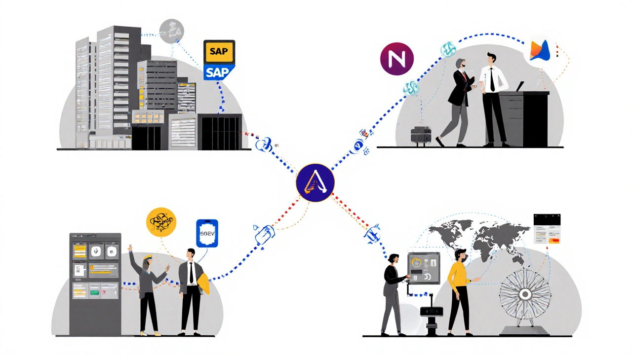 Quattro ambienti aziendali con diverse piattaforme di gestione spese collegate da un flusso di dati.