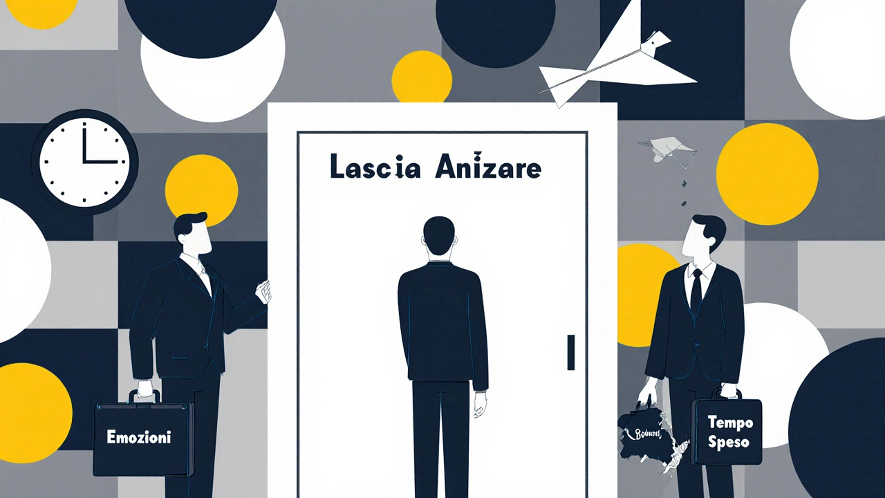 Tre persone di fronte a una porta, rilasciano pesi del passato, stile Bauhaus con forme astratte e colori limitati.