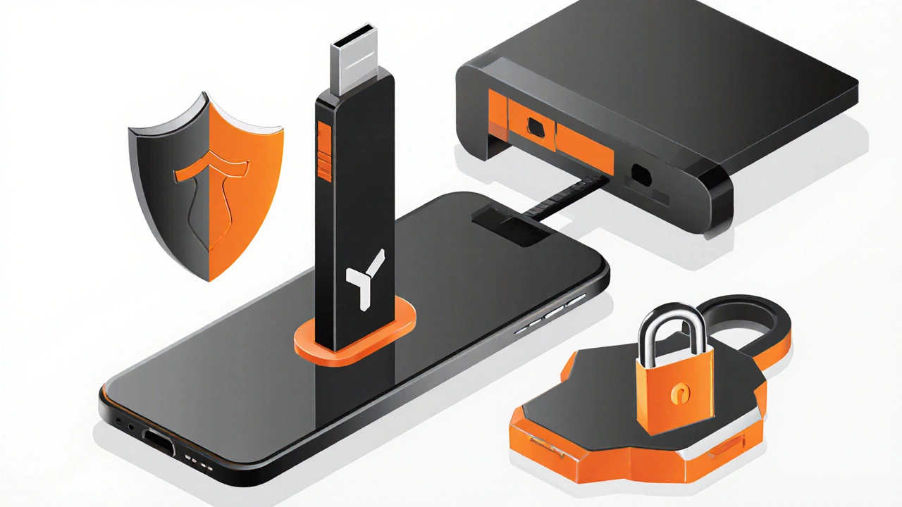Chiave hardware YubiKey collegata a uno smartphone, con simboli di protezione geometrici che respingono attacchi.