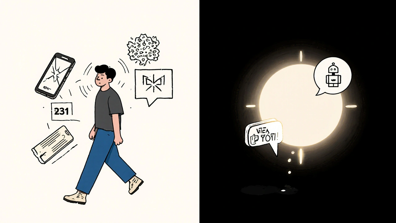 Cliente che abbandona un sistema disconnesso mentre un altro offre un'esperienza fluida e unita.