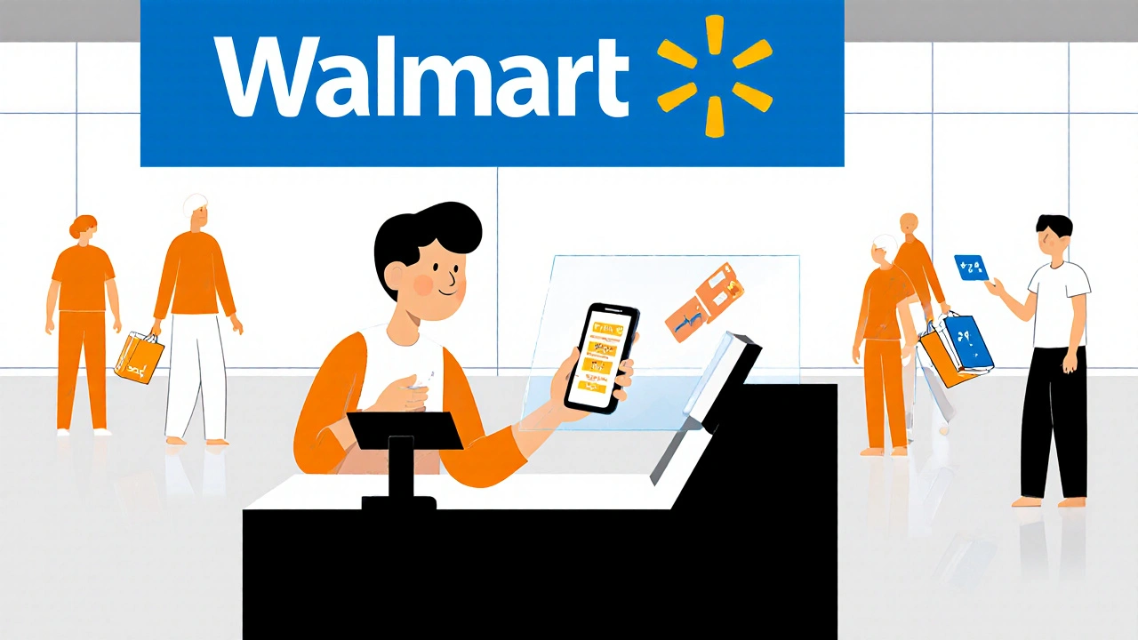 Cliente che paga in negozio con Klarna al cassiere di Walmart, con elementi digitali sovrapposti.