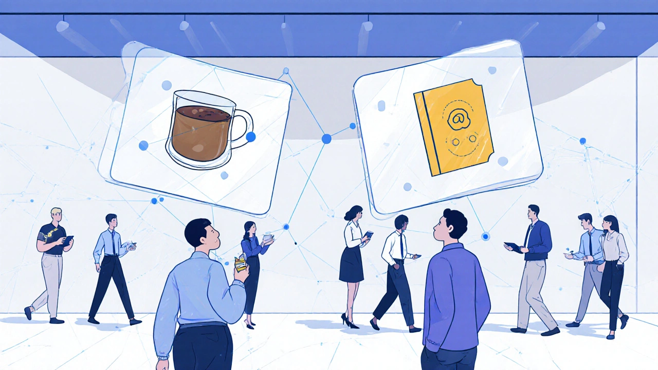 Consigli personalizzati fluttuanti sopra clienti in negozio, con team collaborativo in background.