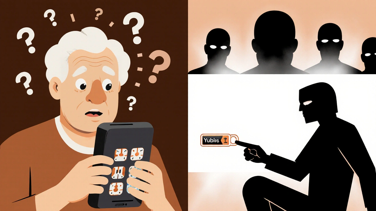 Scena divisa: persona anziana confusa vs utente sicuro con chiave fisica, barriera che blocca hacker.