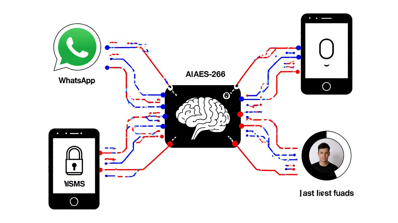 Sistema backend fintech con canali collegati da flussi di dati cifrati e un'IA che risolve frodi automaticamente.