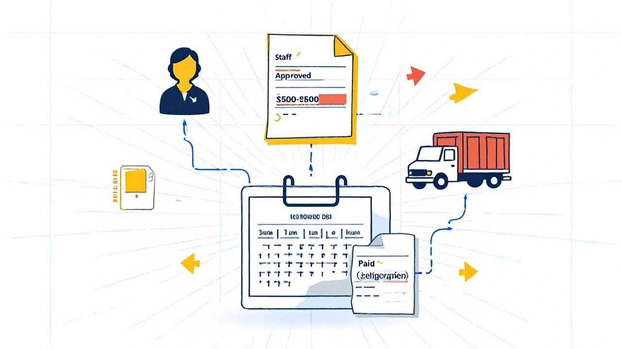 Tre fatture fluttuanti su un calendario, collegate da frecce geometriche in stile Bauhaus.