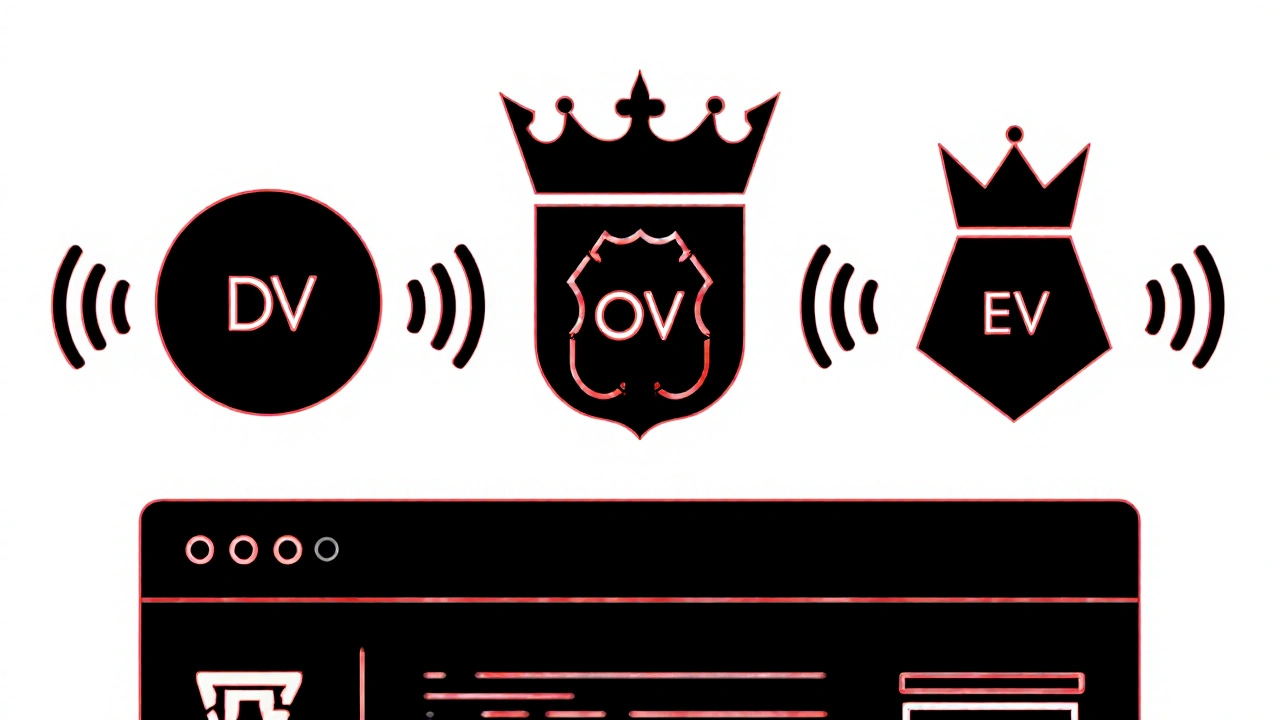 Tre tipi di certificati SSL/TLS rappresentati come forme geometriche con onde crittografiche.