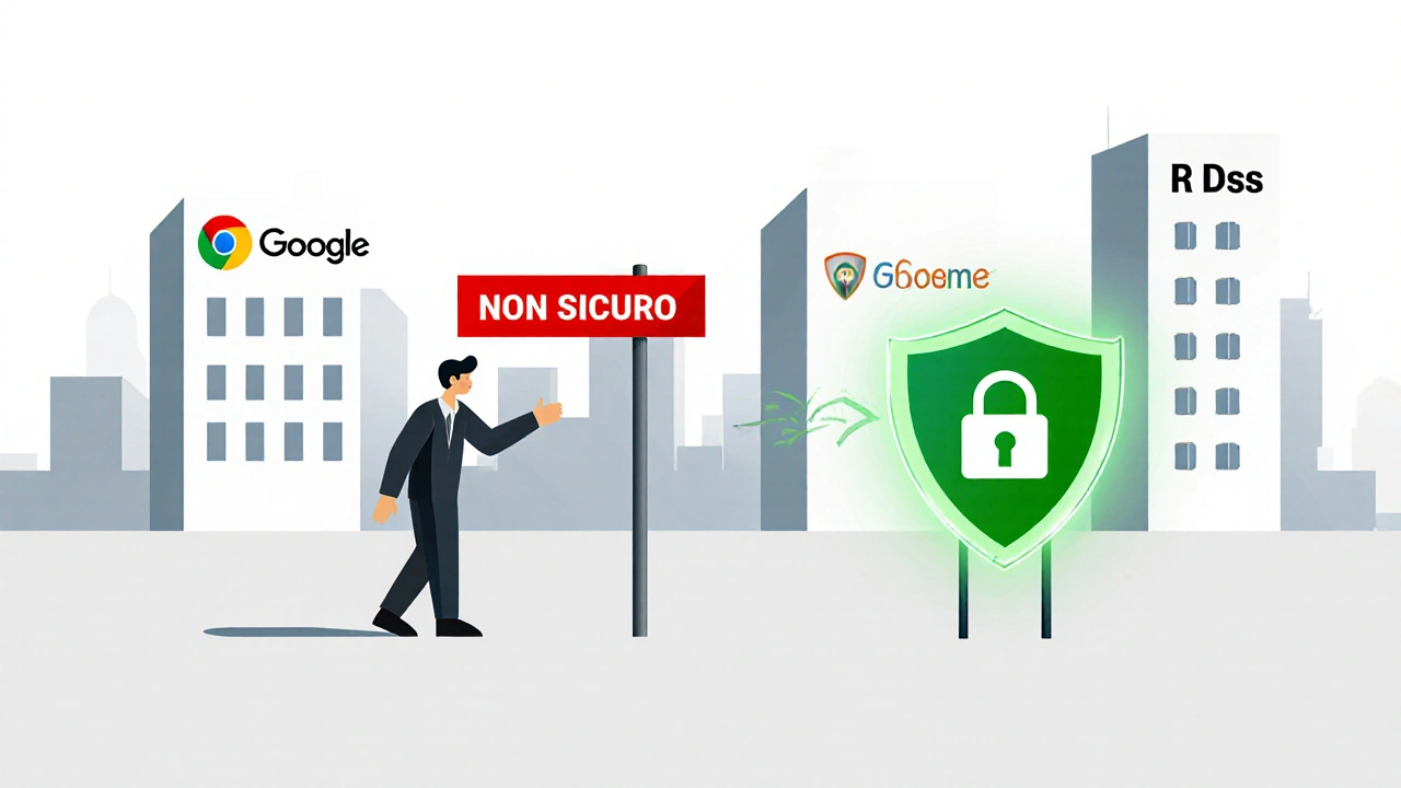 Visitatore attratto da uno scudo HTTPS sicuro mentre evita un avviso rosso di sito non sicuro.