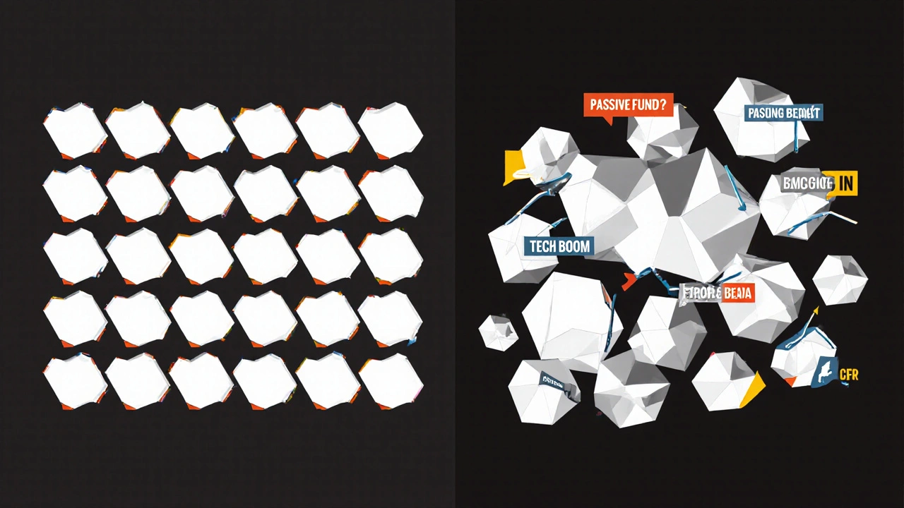 Due portafogli: uno ordinato e ripetitivo, l'altro caotico e in cambiamento, rappresentati in stile Bauhaus.