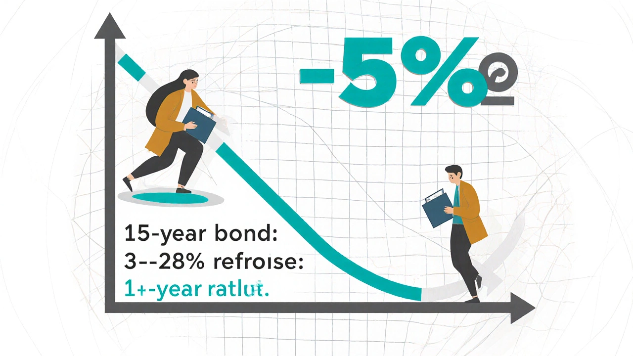Grafico comparativo delle perdite di obbligazioni a lunga e breve durata durante un aumento dei tassi d&#039;interesse.