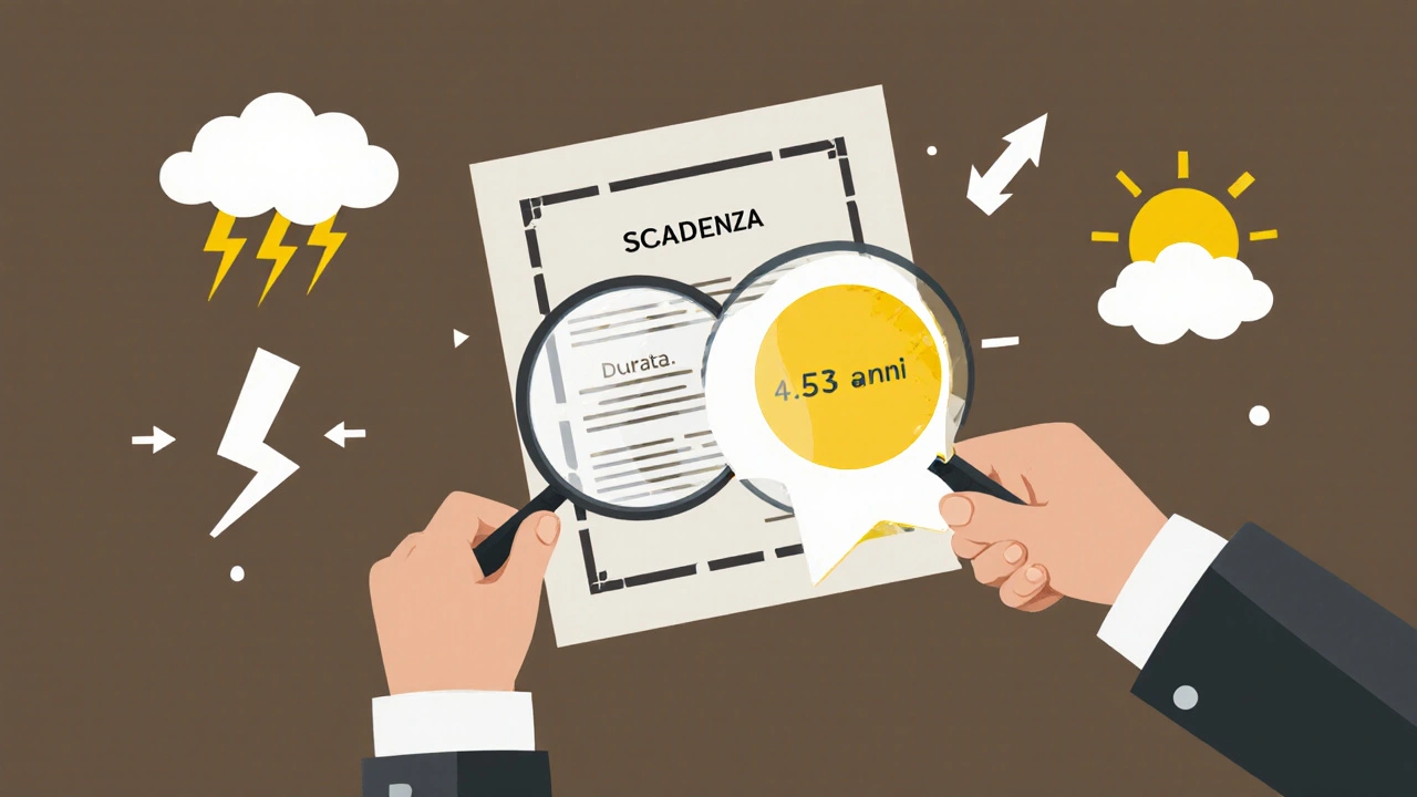 Investitore che osserva la durata nascosta di un&#039;obbligazione, rivelata sotto la scadenza visibile.