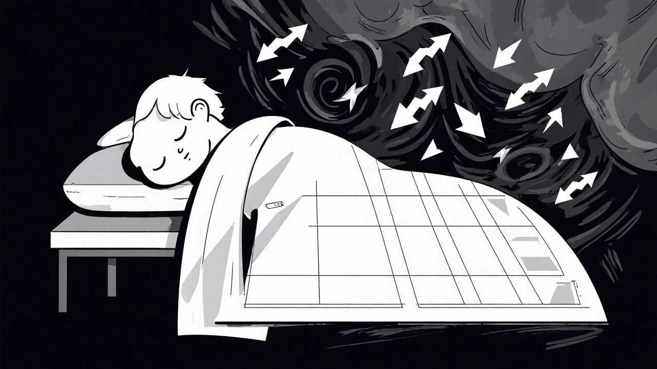 Una persona che dorme accanto a un portafoglio stabile mentre il mercato impazzisce intorno, in stile Bauhaus.