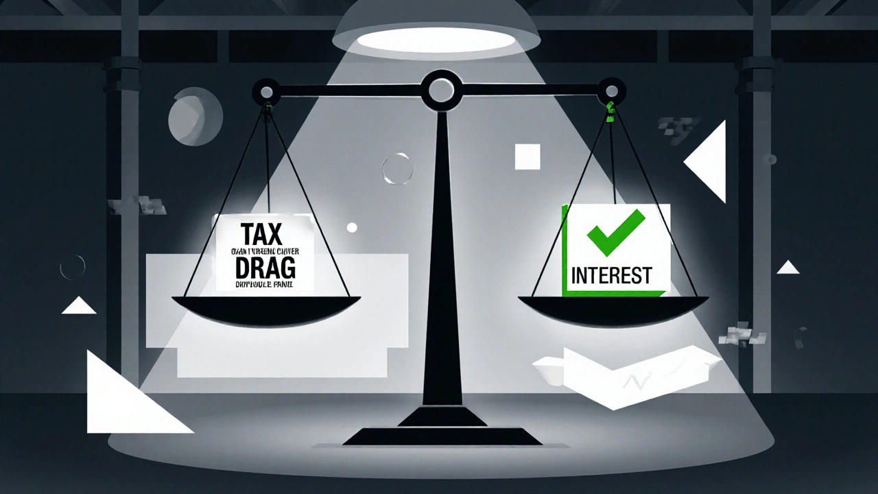Bilancia che confronta un fondo ad alto turnover con un ETF a basso turnover, simboli di tasse e guadagni.