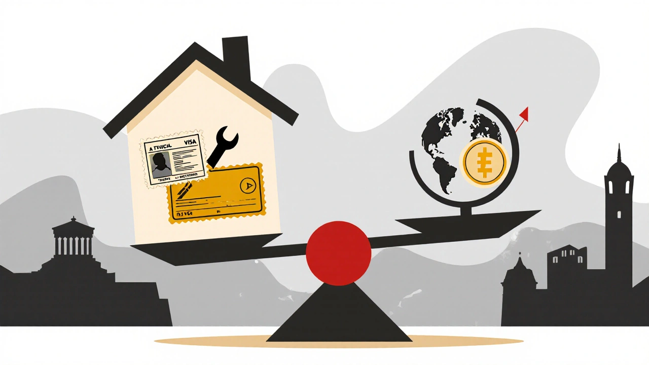 Bilancia che confronta una casa con permesso di soggiorno e una azione REIT, in stile Bauhaus con linee nette e tonalità terrose.