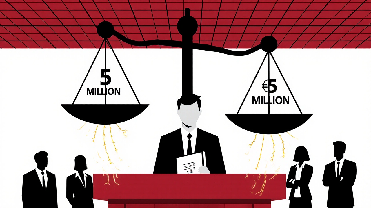 Bilancia della giustizia con multa da 5 milioni di euro, log di audit luminosi, stile Bauhaus minimalista.