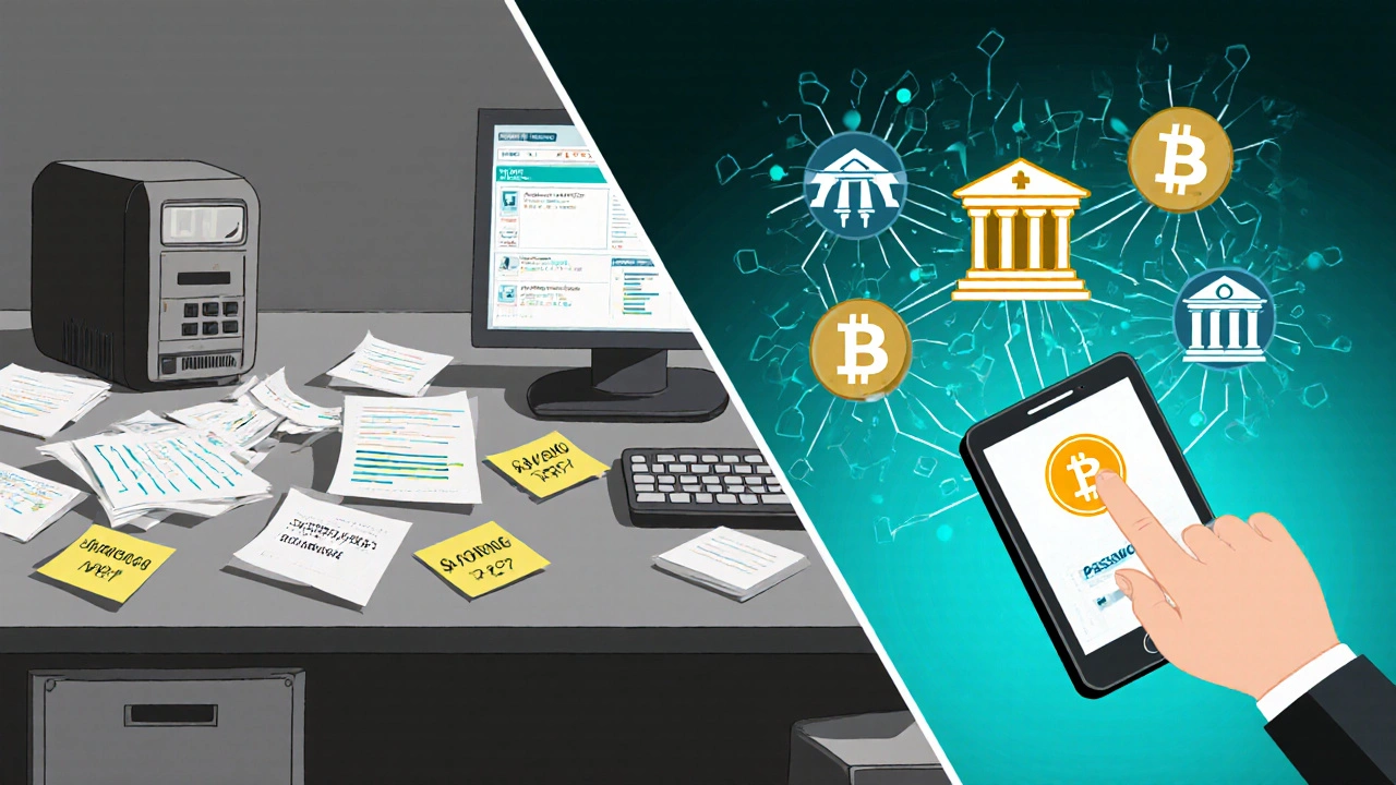 Confronto tra finanza obsoleta caotica e moderna digitale in stile Bauhaus.