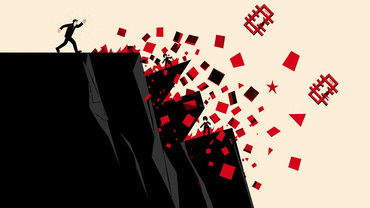 Crollo brusco del mercato con forme frammentate e figura che osserva, stile Bauhaus.