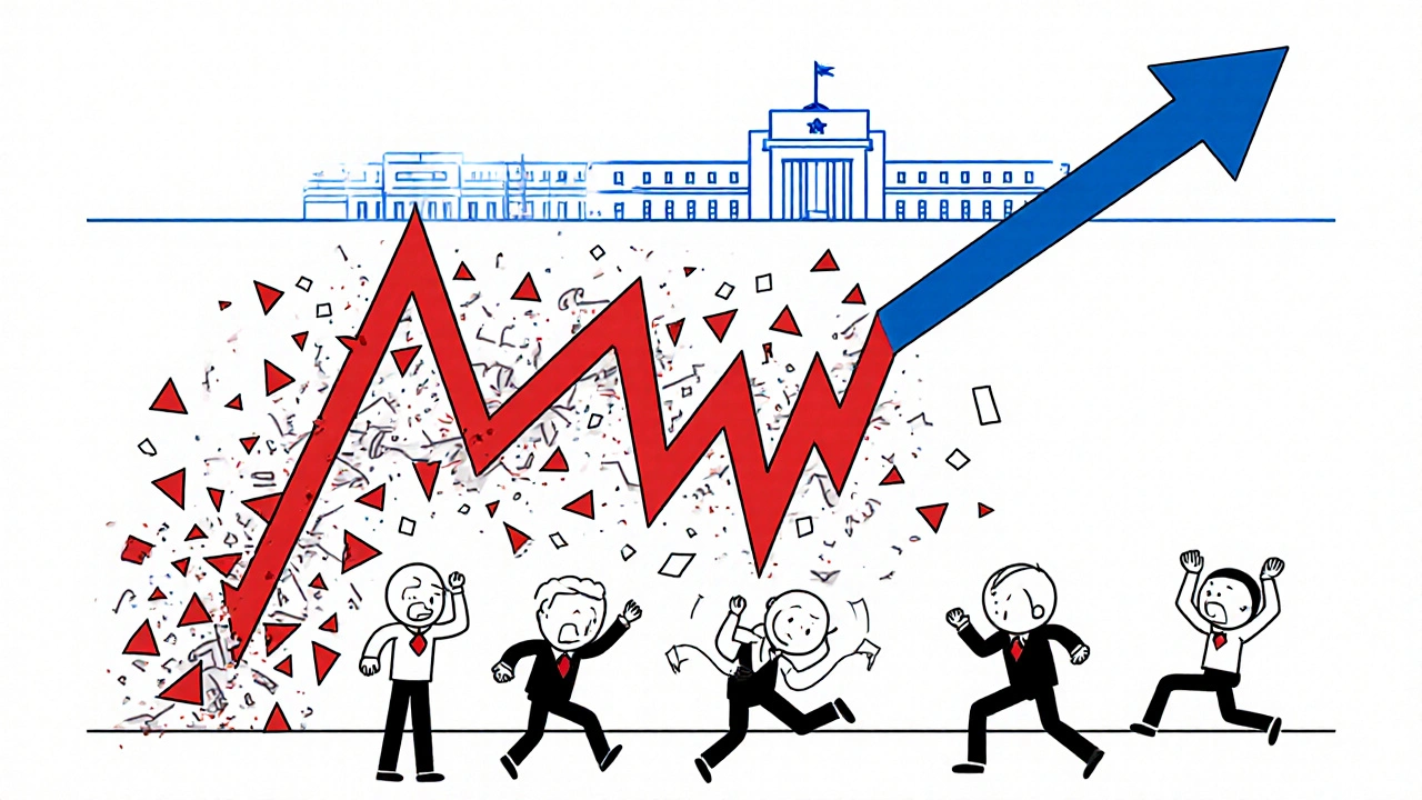 Crollo brusco del mercato con investitori in panico e freccia di recupero in stile Bauhaus