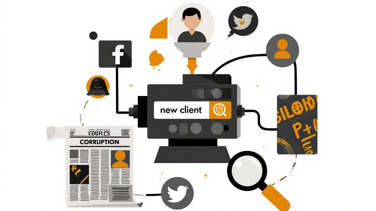 Flusso di controllo rischio con notizie e sanzioni analizzate da una macchina astratta, stile Bauhaus.