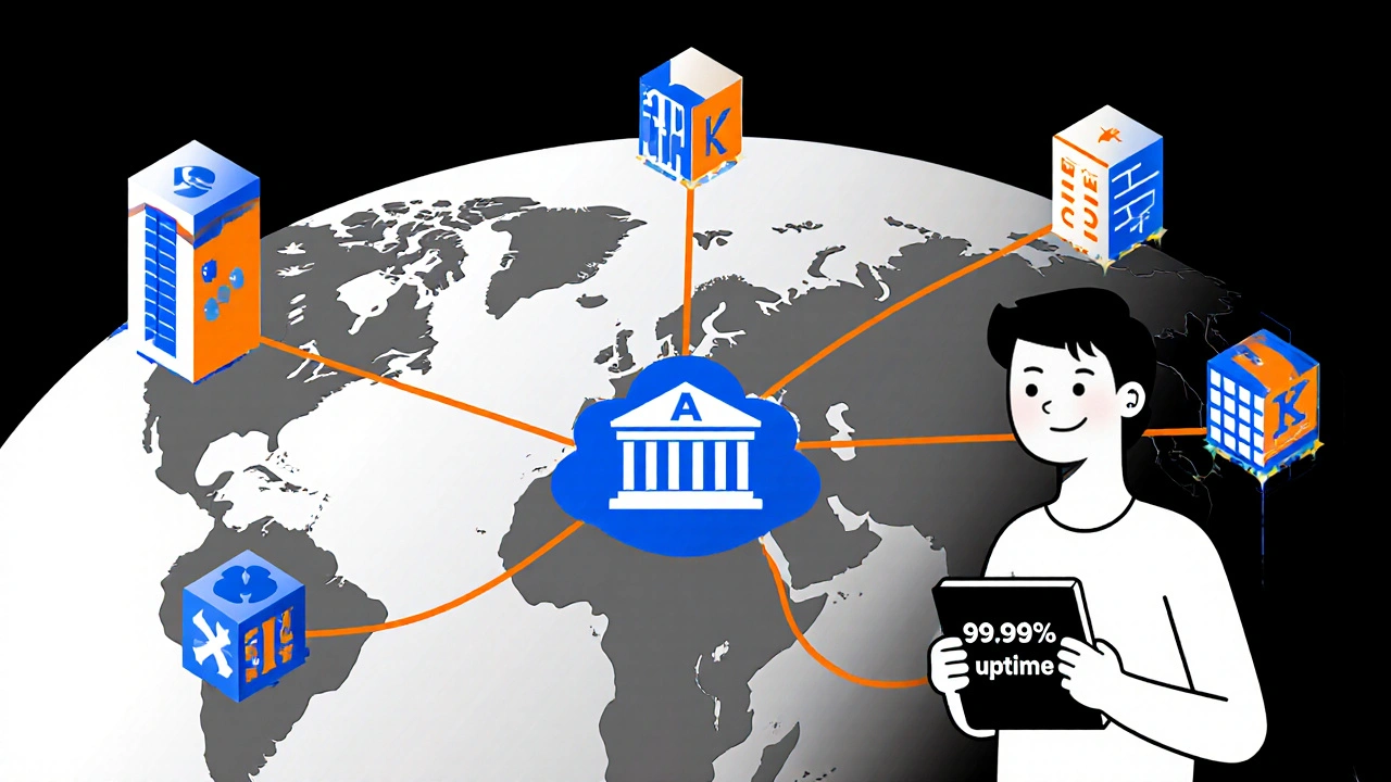 Globo con connessioni API che collegano banche globali a un nodo centrale AIS.