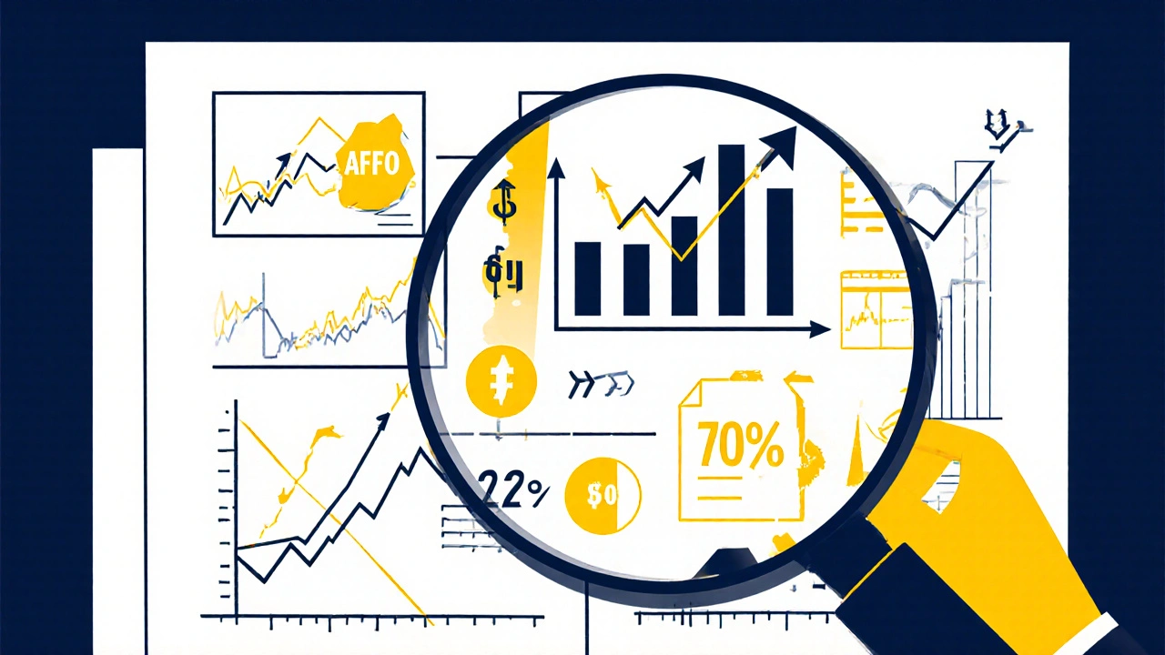 Investitore che analizza un bilancio REIT con AFFO e debito fisso, stile Bauhaus.