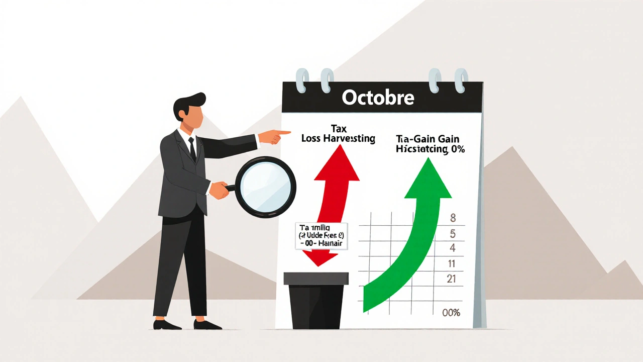 Investitore che pianifica operazioni fiscali su un calendario, con frecce di guadagno e perdita.
