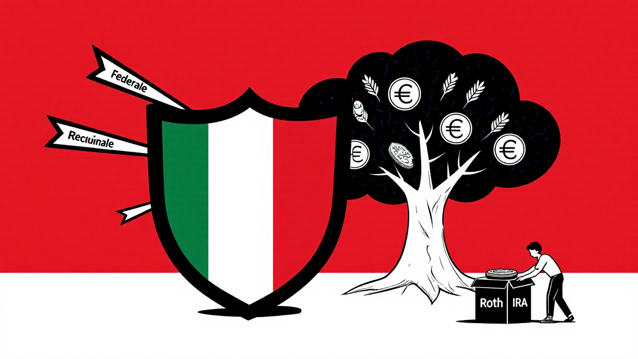 Obbligazione municipale come scudo che blocca le tasse, con un albero di ricchezza che cresce da un Roth IRA.