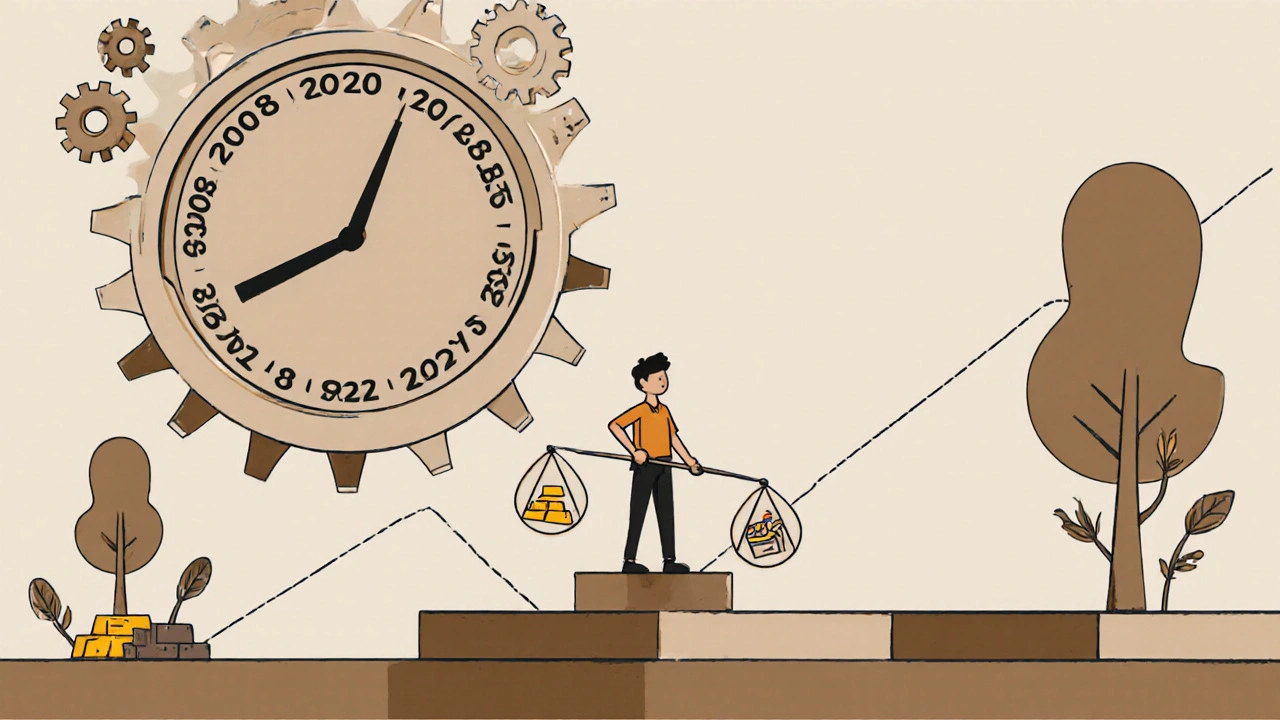 Orologio meccanico con anni di crisi e bilancia tra oro e azioni, stile Bauhaus.