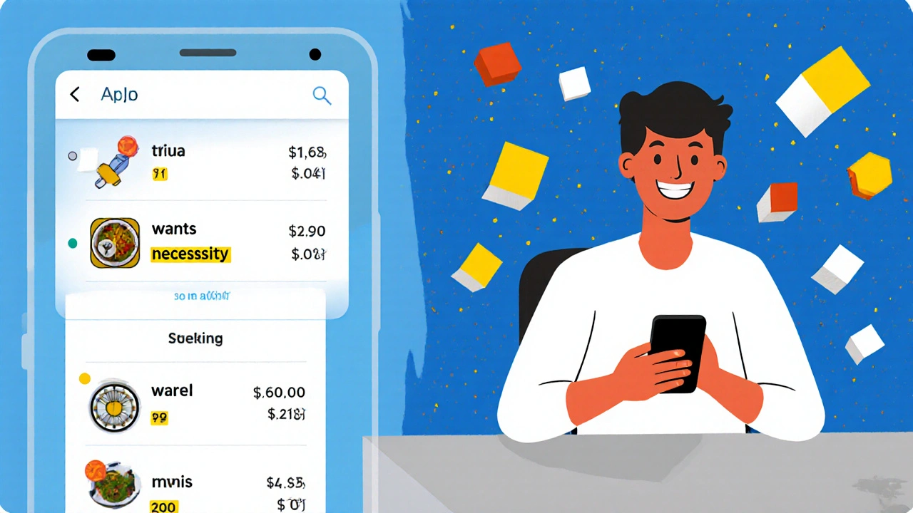 Persona che corregge una spesa nell&#039;app di budgeting, con forme geometriche che rappresentano l&#039;apprendimento dell&#039;IA.