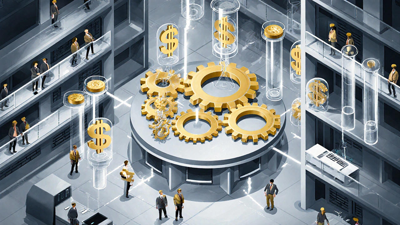 Sistema algoritmico di Interactive Brokers rappresentato come ingranaggi globali in stile Bauhaus