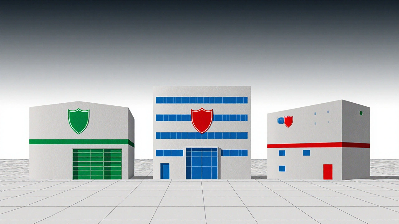 Tre tipi di immobili con scudi finanziari: industriale, dati e sanitario, stile Bauhaus.