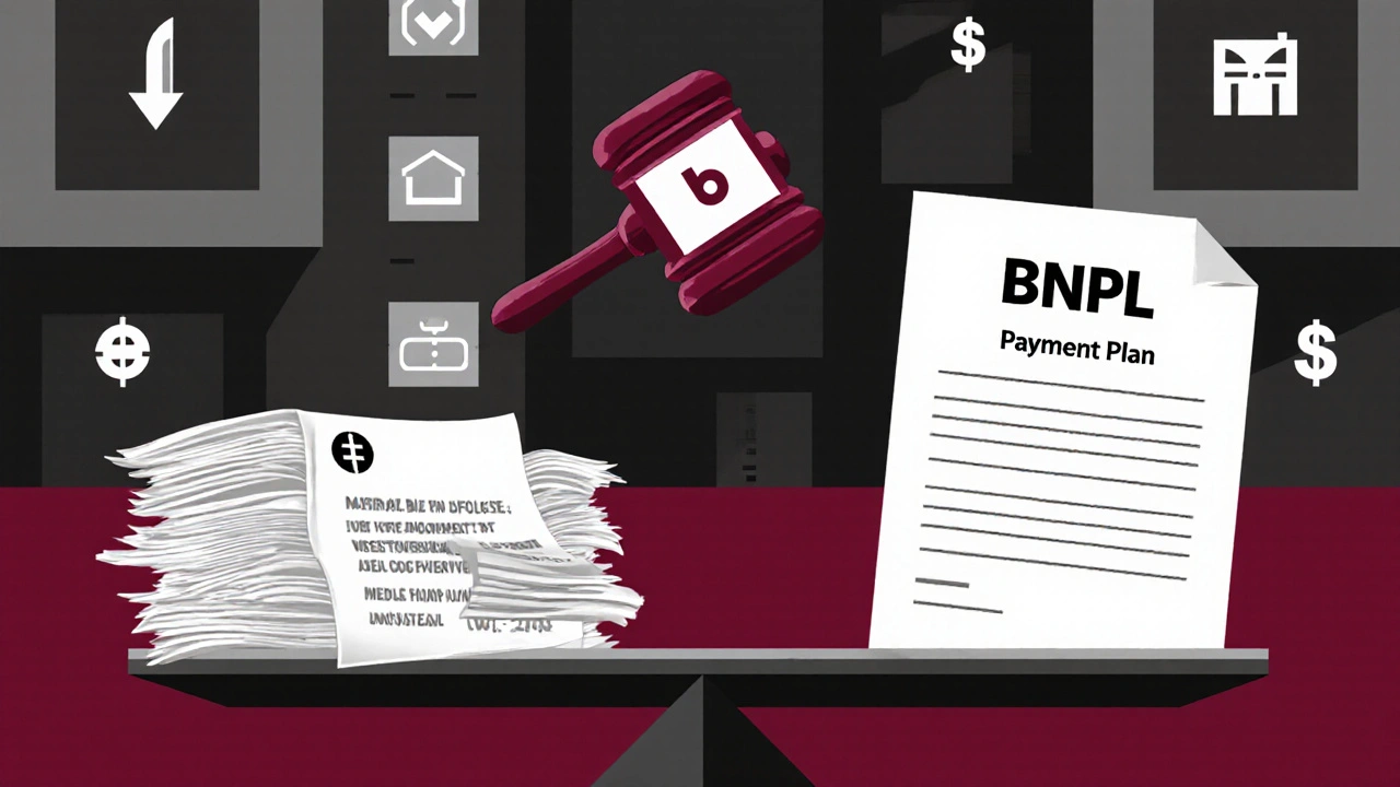 Bilancia in tribunale con fatture da un lato e piano di pagamento dall&#039;altro, gavel a forma di logo BNPL.