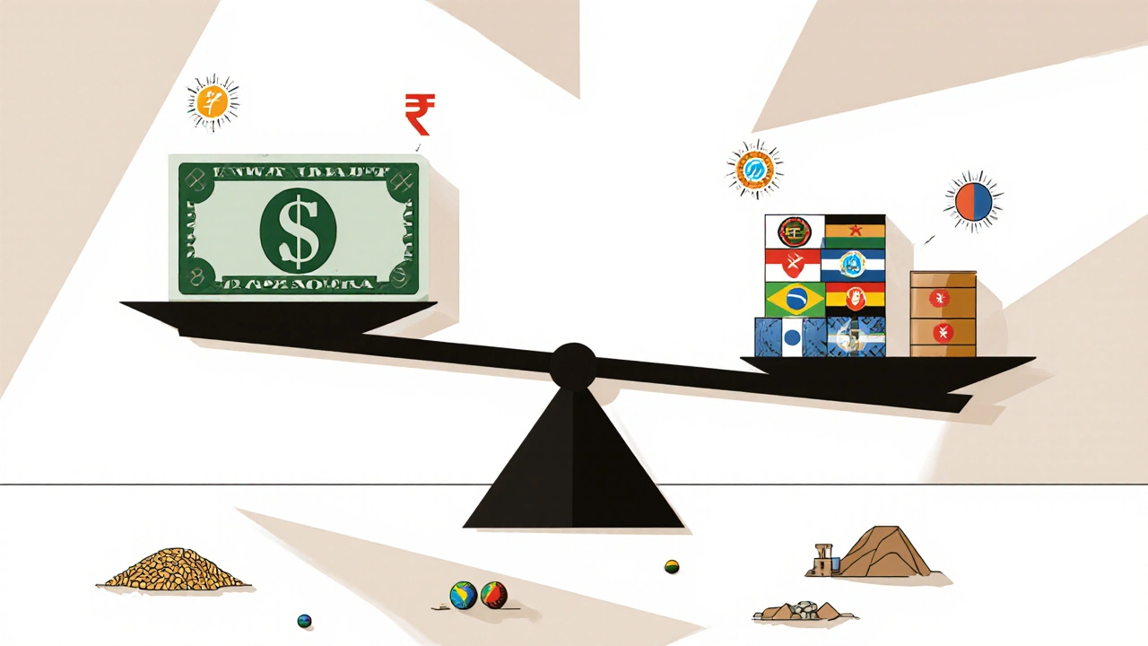 Bilancia stilizzata con dollaro in ombra e valute BRICS in forme geometriche, simboli di risorse naturali intorno.