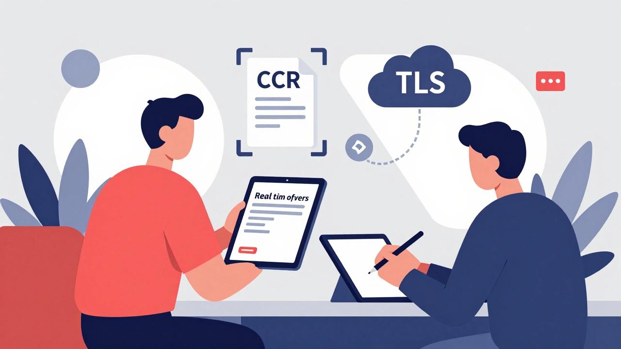 Concessionaria digitale con tablet che mostra offerte di prestito e firma elettronica in stile Bauhaus.