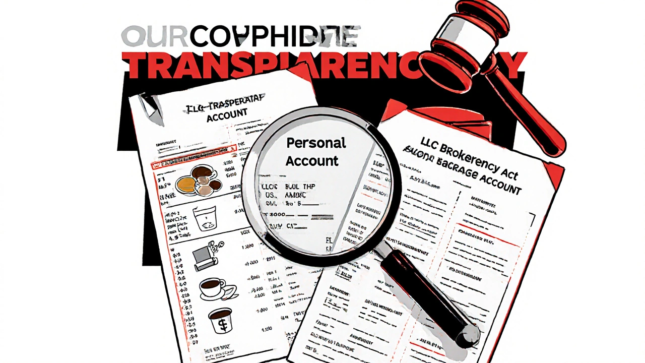 Due estratti conto confrontati: uno personale caotico, uno aziendale ordinato, con la legge che li osserva.