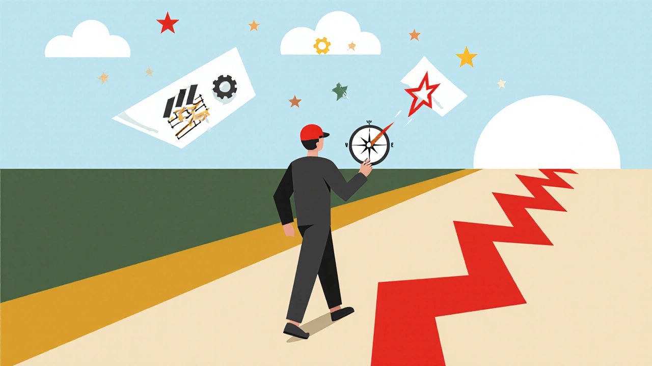 Figura umana che cammina su un percorso a tre corsie di investimento in stile Bauhaus.