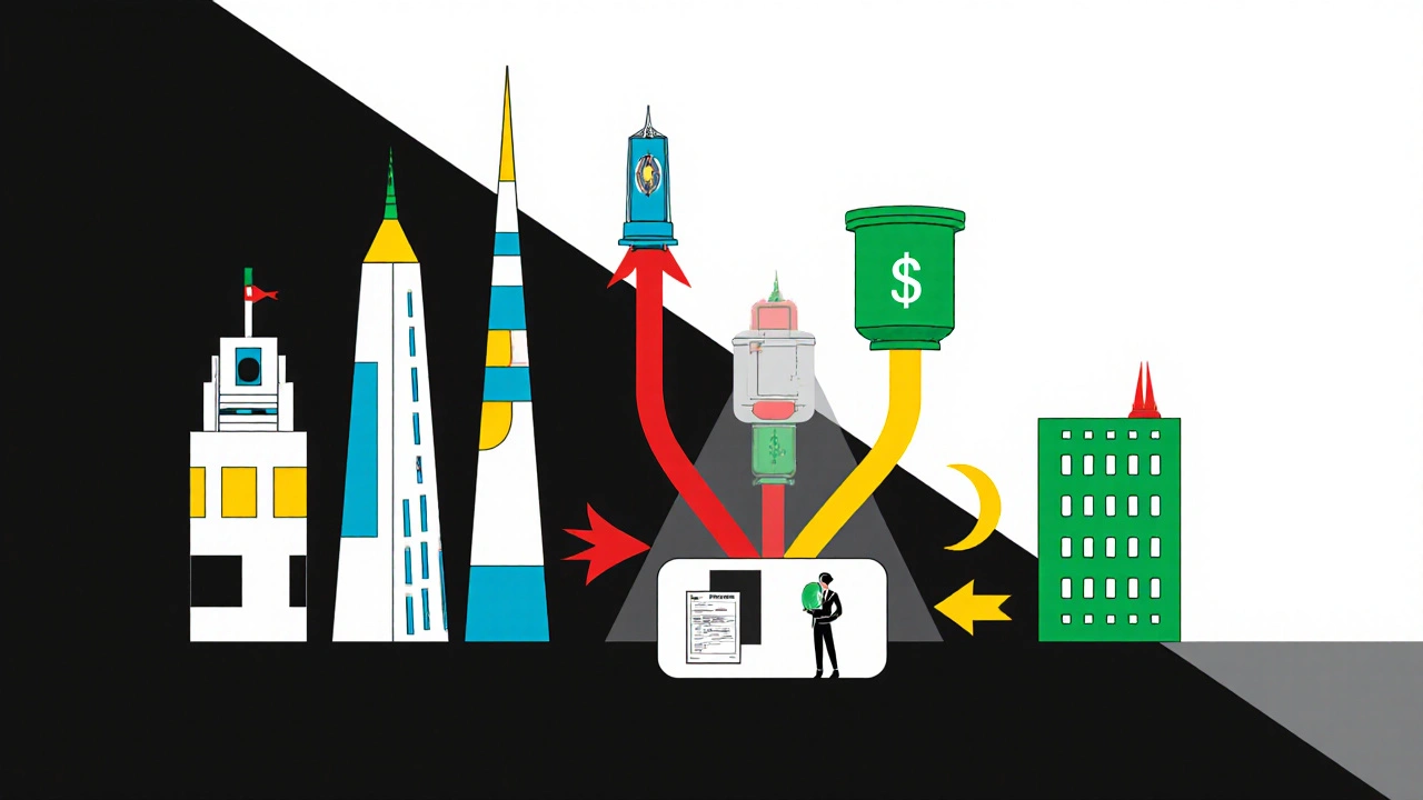 Flusso globale di dividendi: paesi che inviano fondi verso un hub irlandese con filtri fiscali colorati.