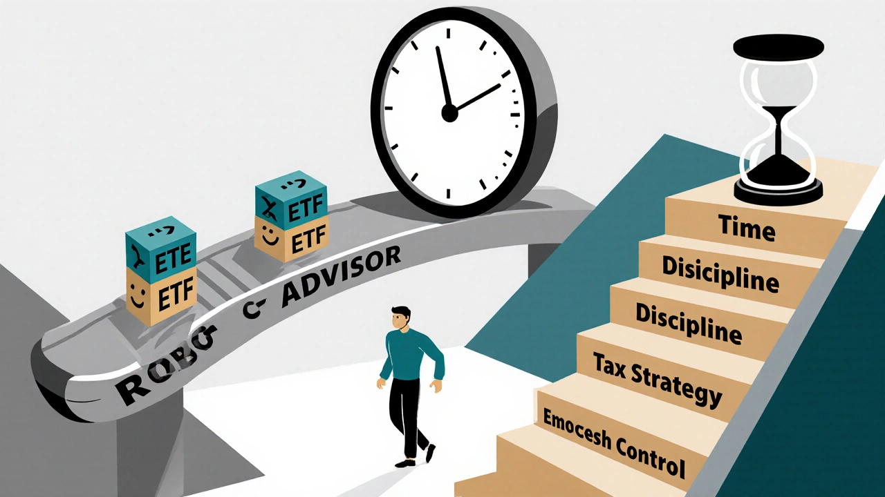 Illustrazione in stile Bauhaus di un investitore di fronte a due percorsi: automazione o gestione autonoma, con confronto di tempo e disciplina.
