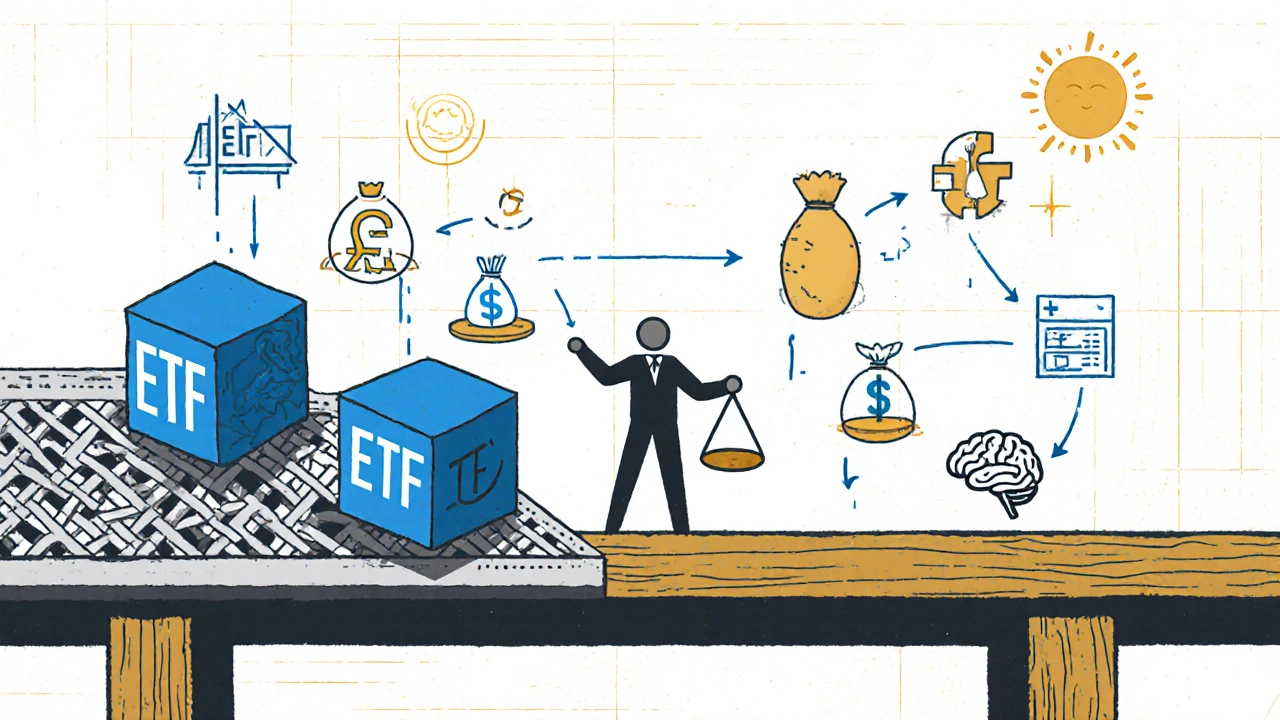 Illustrazione in stile Bauhaus di un ponte ibrido tra gestione robotica e manuale, con asset diversi e strategie fiscali collegate.