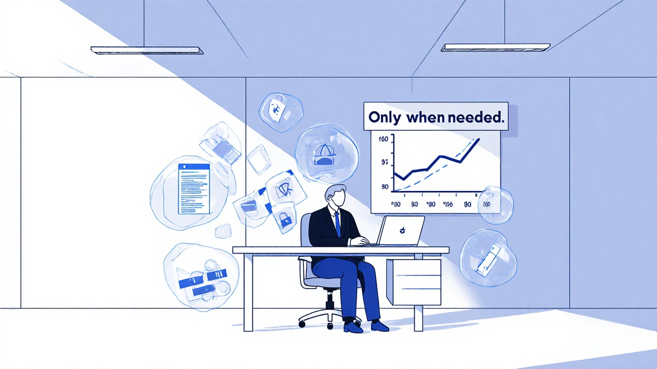 Impiegato con contratti intelligenti e IA in ufficio minimalista, stile Bauhaus.