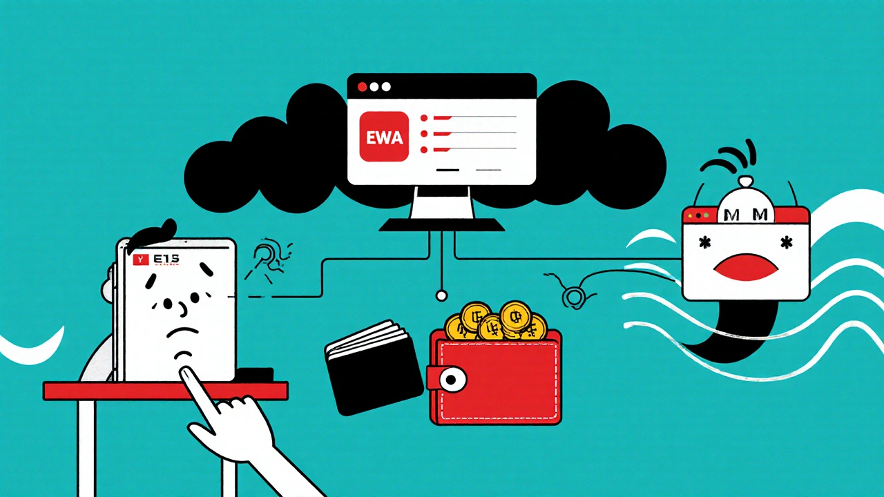 Interfaccia EWA a un solo clic che collega stipendio, banca e portale HR, con stress che si trasforma in calma.