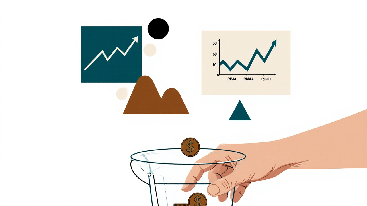 Mano che preleva una moneta da un secchio trasparente, con forme geometriche che rappresentano tasse e conversioni Roth.