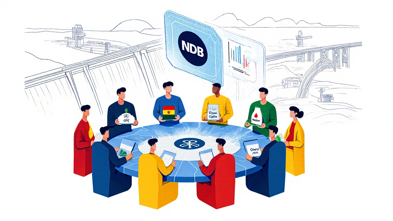 Nove figure geometriche attorno a un tavolo circolare con risorse globali, mentre un ologramma NDB mostra grafici di crescita.