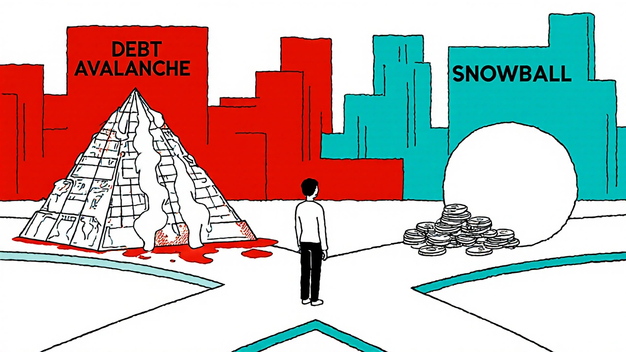 Persona al bivio tra due metodi per pagare i debiti, rappresentati da percorsi geometrici con icone di interessi.