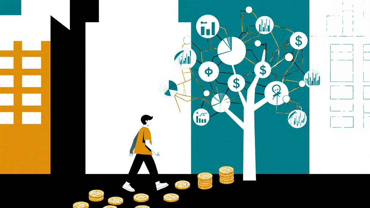 Persona che cammina e lascia monete che si trasformano in grafici finanziari in stile Bauhaus.