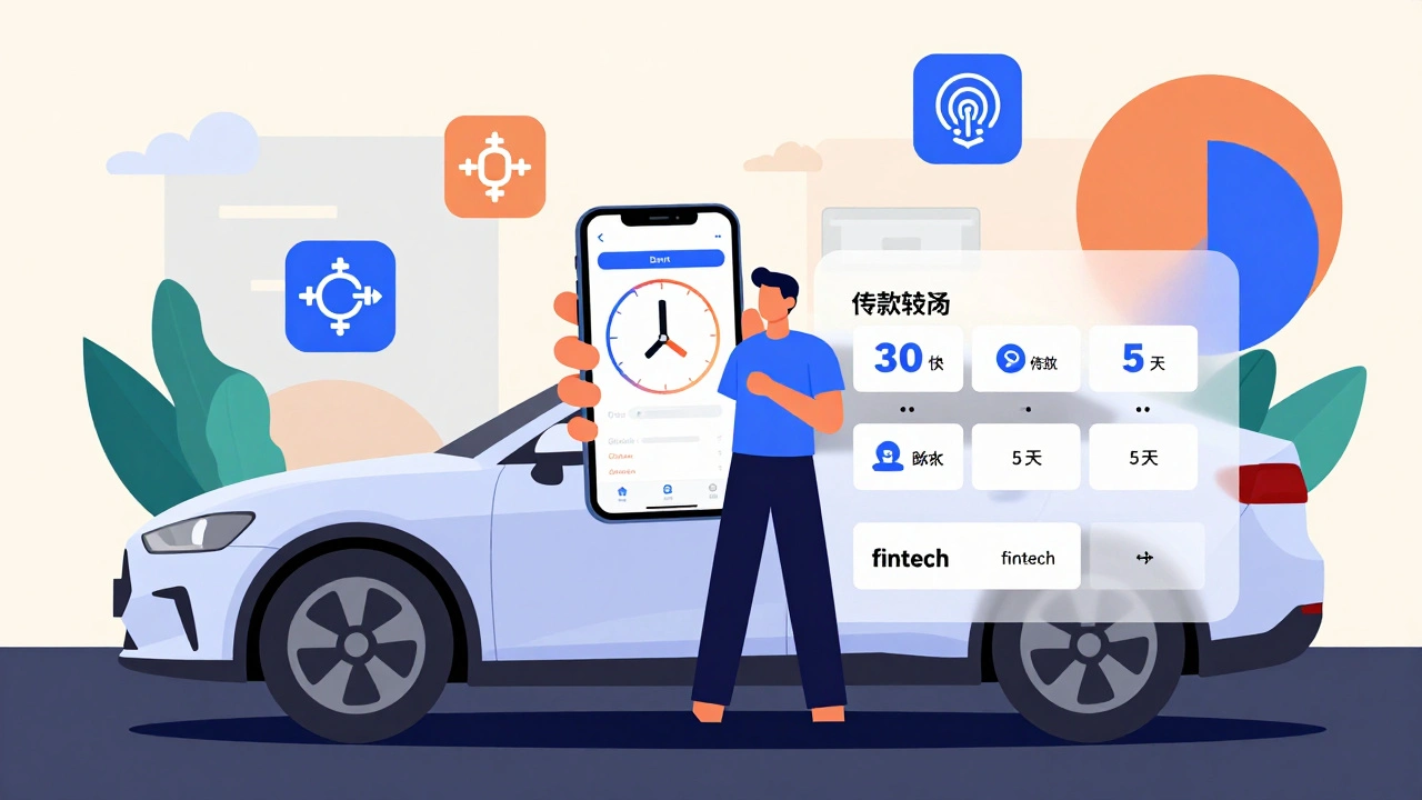 Persona con smartphone che confronta prestiti auto, orologio che mostra tempi ridotti in stile Bauhaus.