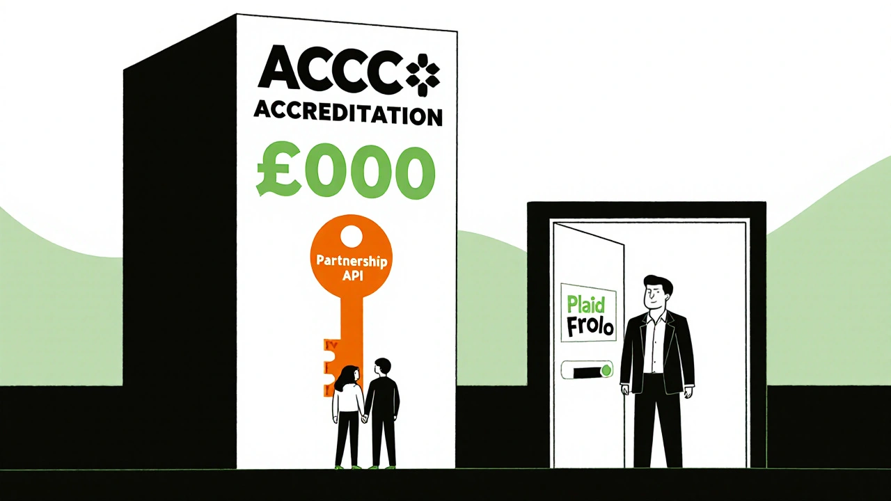 Piccola startup di fronte a un muro di accreditamento, con una chiave che indica una partnership come via d&#039;uscita.